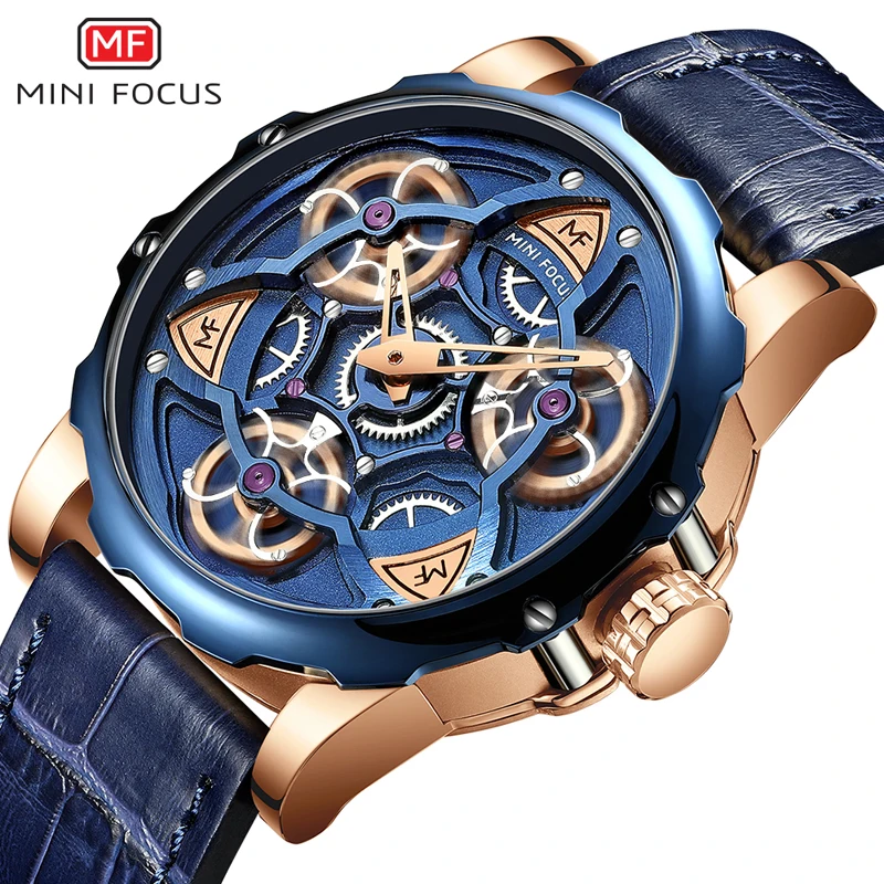Günstige MINI FOKUS Blau Leder Quarz Uhren Männer Luxus Armee Sport Armbanduhr Mann 3 Bar Wasserdicht Top Marke Relogios Masculino 0249G