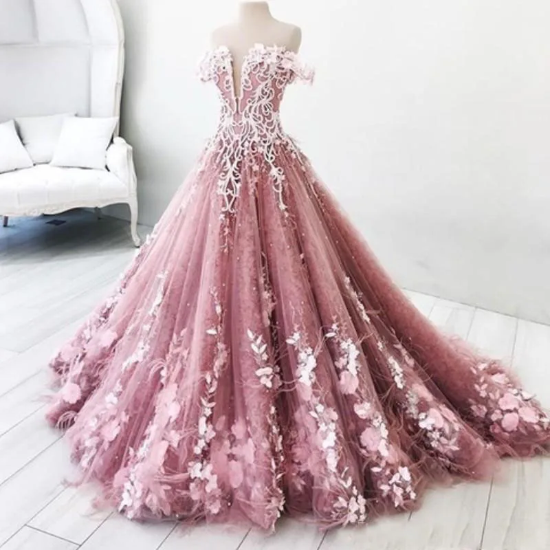 

Real Photo Off The Shoulder Prom Gowns 2018 Floral Appliques Formal Party Dress Sweep Train Saudi Arabic Evening Gowns Vestidos