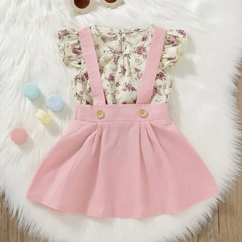 

Baby Girls Dress Floral Short Sleeve O-Neck Tops T-Shirt Pink Button Suspender Tutu Dress 2Pcs Outfits Clothes