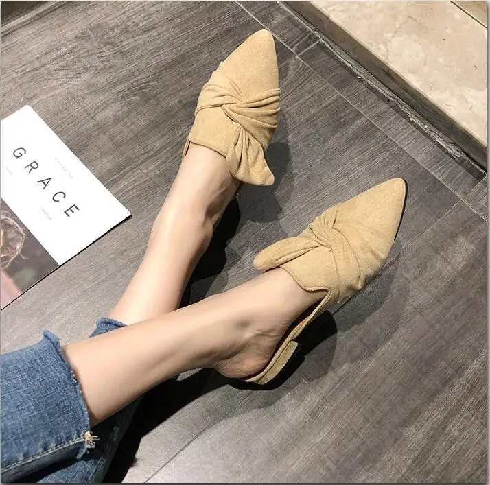 

Brand 2019 Cotton Farbic Summer Women Pointed Toe Flats Bow Tie Flat Shoes Half Slippers Female Mules Loafers Shoes