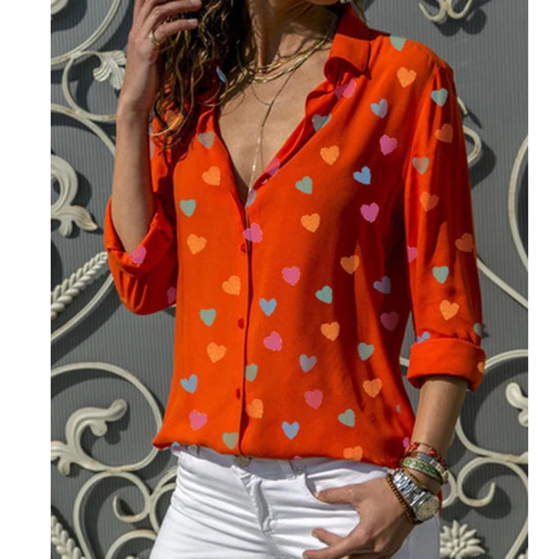 

Women's Tops Blusa New Heart Printed V Neck Lady's Shirts Spring Summer Bottom Blouse Plus Size 3XL White Blue Women Blouses