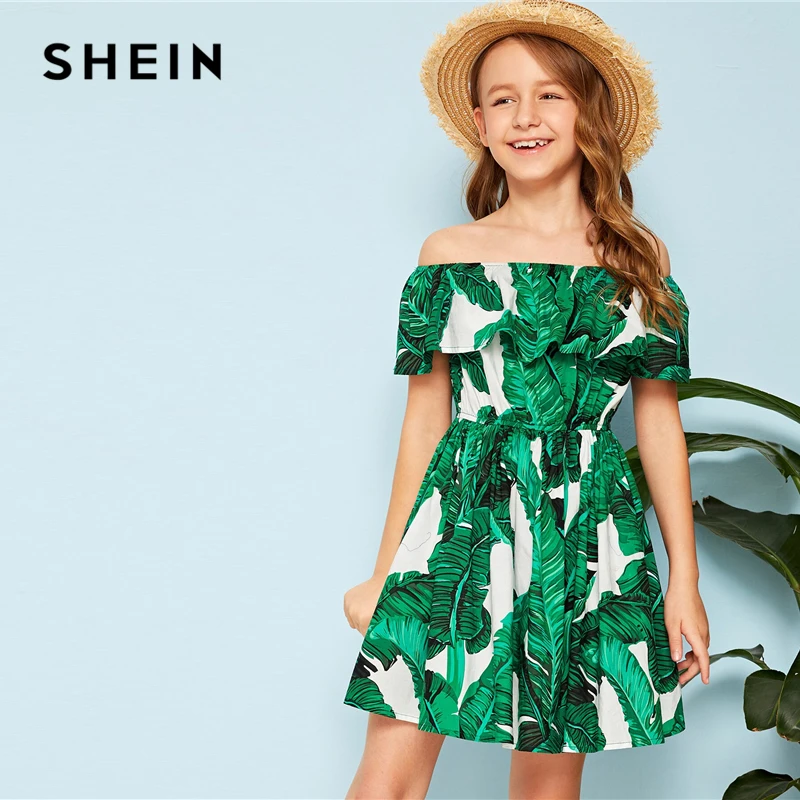 SHEIN Kiddie/красное платье в горошек с рюшами и открытыми плечами для девочек г. летнее расклешенное платье до колена с короткими рукавами для отдыха в стиле бохо