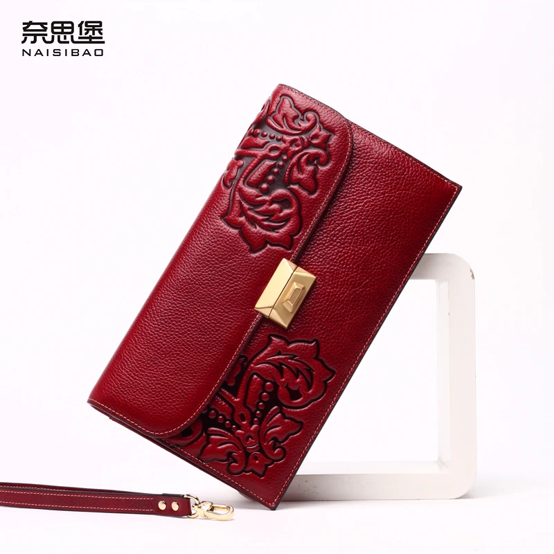 High quality Chinese style Genuine Leather Vintage female purse name brand fashion pattern ...