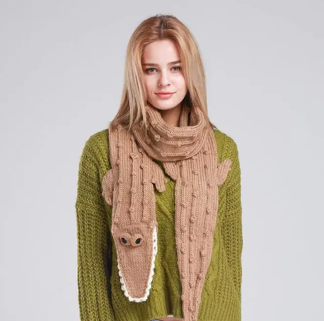 Fashion New Woman Manual Knitted Wool Scarf Fox Crocodile Cat Panda Cute Animal Pattern Female Fashion Winter Warm Long Scarves