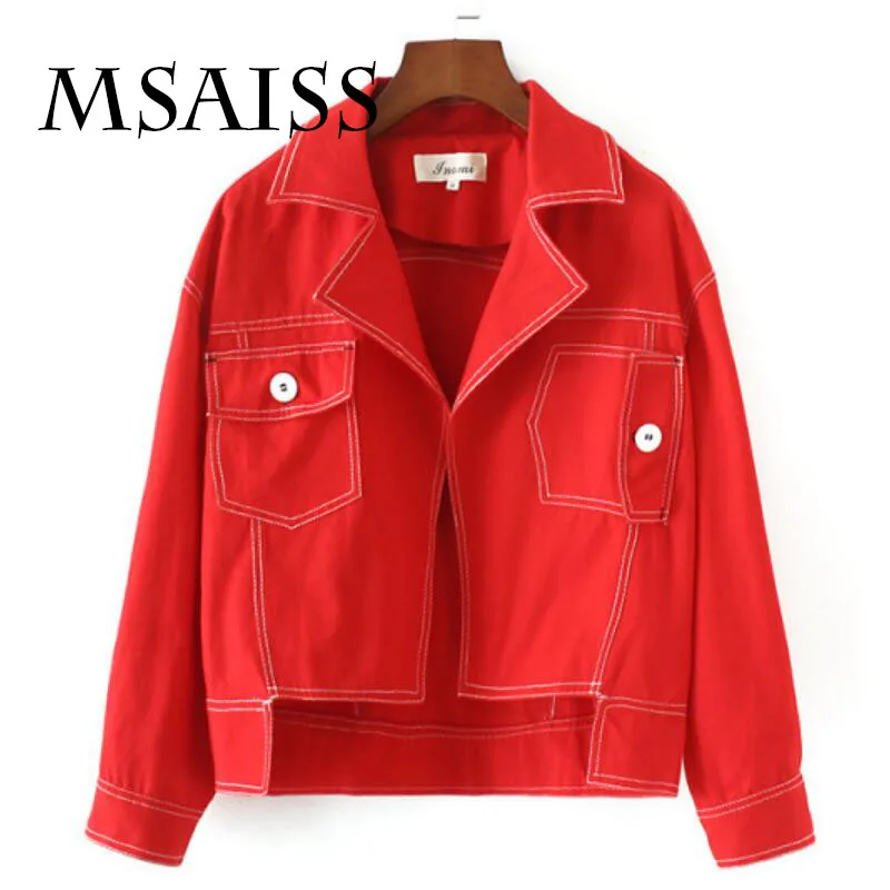 

MSAISS Women Red Spring Long Sleeve Pockets Coat Single-breasted Fashion Women Short Jacket