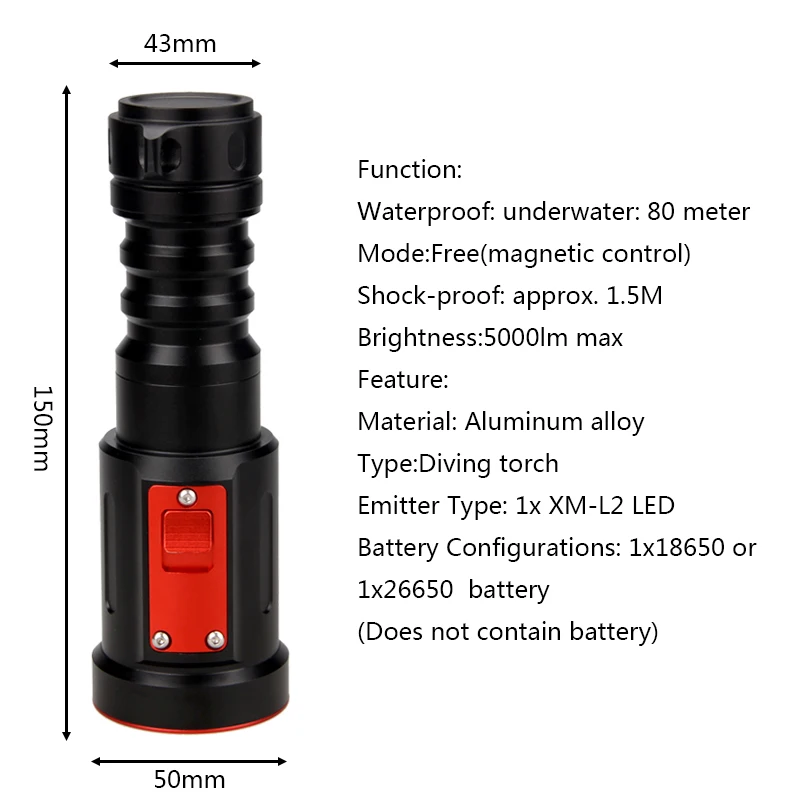 Перезаряжаемые подводный 2000lm XM-L2 светодиодный тактический вспышки светильник Дайвинг Фонарь 18650/26650
