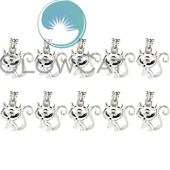 

10X K909 Cartoon Long Tail Cat Beads Cage Locket Pendant Essential Oil Diffuser Stone Pearl Cage Jewelry Making