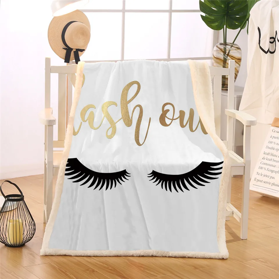 

Eyelash Blanket Gold and Black Sherpa Flannel Fleece Reversible Blankets Cute Eyes Pattern Bed Couch Stylish Bedding MA3