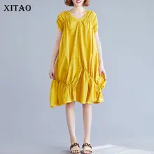 XITAO Плиссированное тонкое женское платье женская одежда Корея Мода V шеи дикий Джокер Повседневный пуловер элегантный летний WBB4428