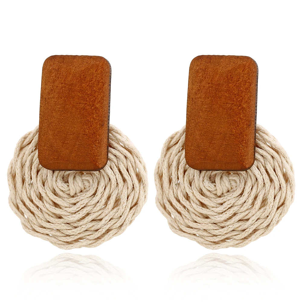 YAOLOGE New Handmade Wooden Straw Weave Rattan Earring Brown Vine Braid Geometric Round Drop Earrings For Women Jewelry 2019