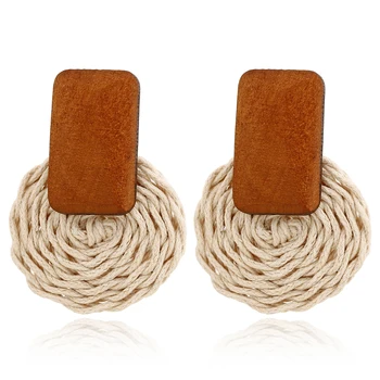YAOLOGE New Handmade Wooden Straw Weave Rattan Earring Brown Vine Braid Geometric Round Drop Earrings For Women Jewelry 2019