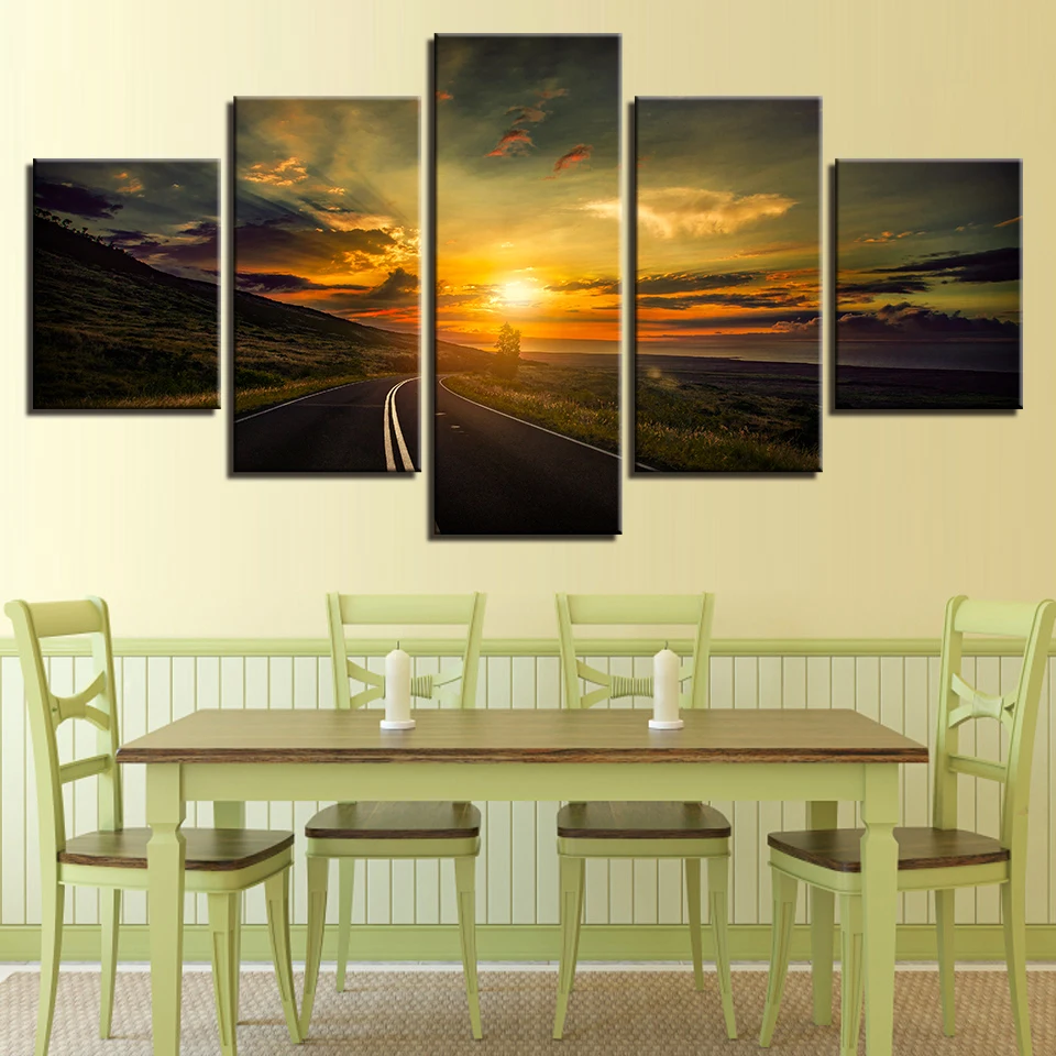 

Modern Printing Frame Modular Canvas Painting Art 5 Pieces Highway Sunset Natural Scenery Poster Decor Living Room Wall Pictures