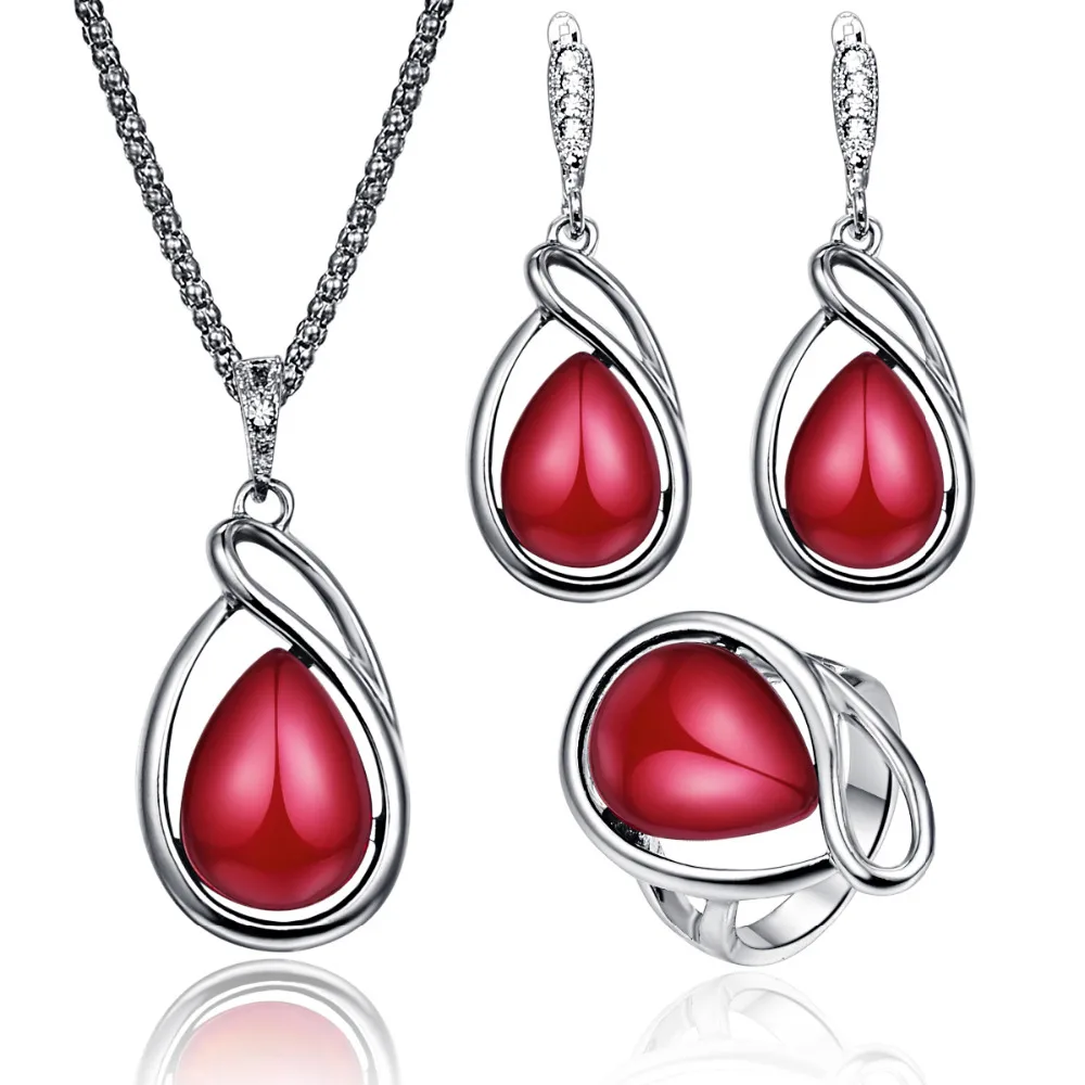 

Vintage Water Drop Jewelry Sets For Women Silver Color Crystal Inlaid Red/Green Resin Stone Pendant Necklace Earrings Ring Set