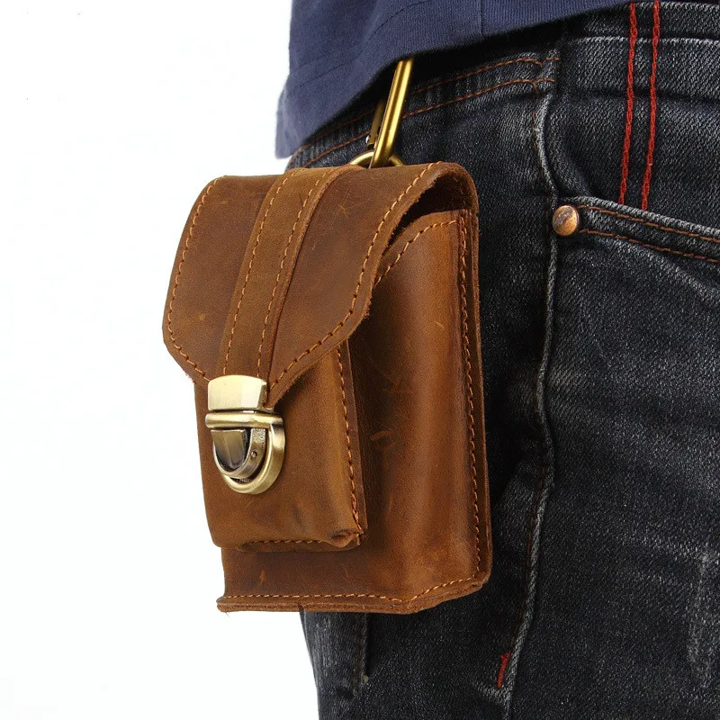 

Mad Horse Leather Mobile Phone Bag for Men Put on Leather Belt Button Multifunctional Cigarette Belt Bag Purses and Handbags