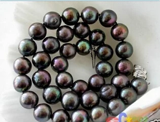 

FREE SHIPPING17" 12MM ROUND PEACOCK BLACK FRESHWATER PEARL NECKLACE