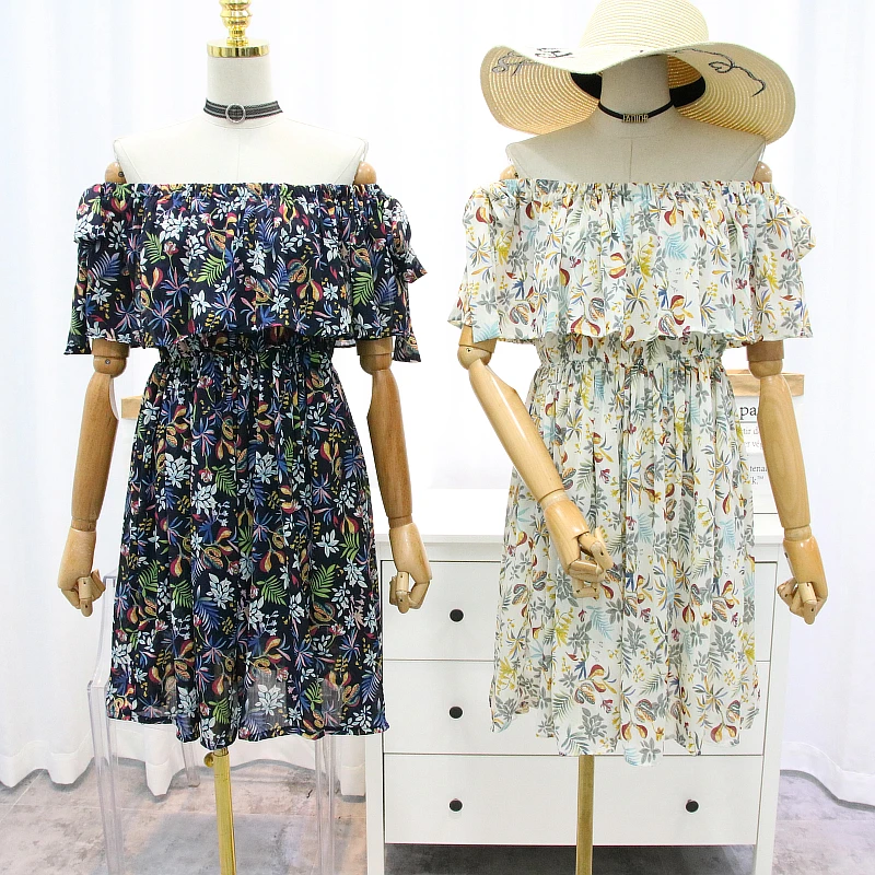 

[Alphalmoda] Women Summer Beach Dress Strapless Lace Bowknot Shoulder Floral Printed Women Casual Chiffon Dress Bohemian Style