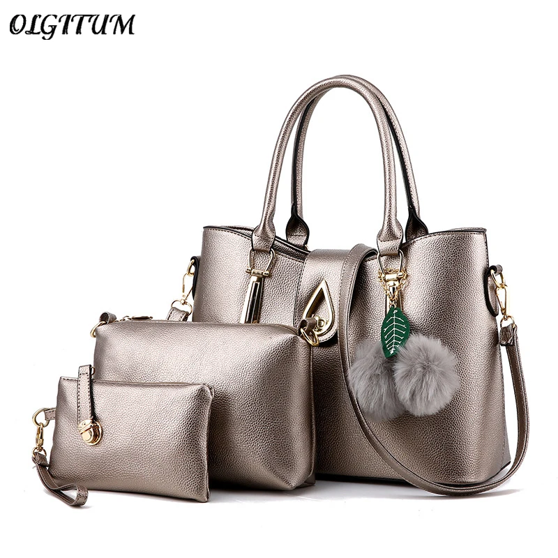 النساء أعلى-حقائب بيد 2019 الشهيرة العلامة التجارية سيدة 3 pcs مركب حقيبة بو الجلود Crossbody حقيبة شعري شرابة يد و المحافظ مجموعات