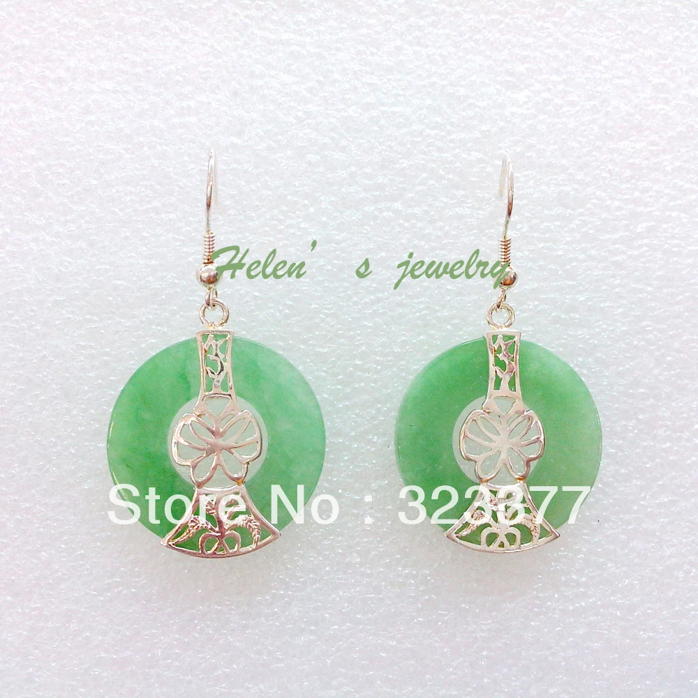 Round green jade and sterling silver (hooks) drop earrings nice wedding gift! | Украшения и аксессуары