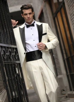 

2017 White Groom Tuxedos Black Lapel Tailcoat Long Blazer Gentleman Suit 2 Piece Wedding Suits For Men Groomsman Best Man Suit