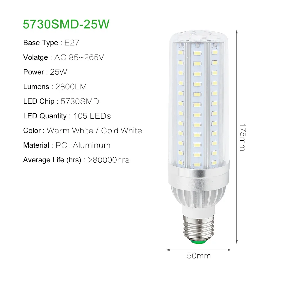 Без мерцания ультра-яркая подсветка с E27 E26 светодиодный лампы кукурузы AC 85-265 V 5 W 10 W 15 Вт, 20 Вт, 25 Вт, 35 Вт, 45 Вт реальные Мощность лампочки - Испускаемый цвет: 25W real