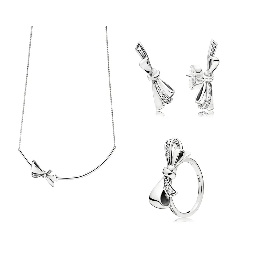 

2018 Mother Day Real 100% 925 Sterling Silver BRILLIANT BOW NECKLACE Ring Earrings 3pcs/1set Fit Charm Diy panqiou Jewelry