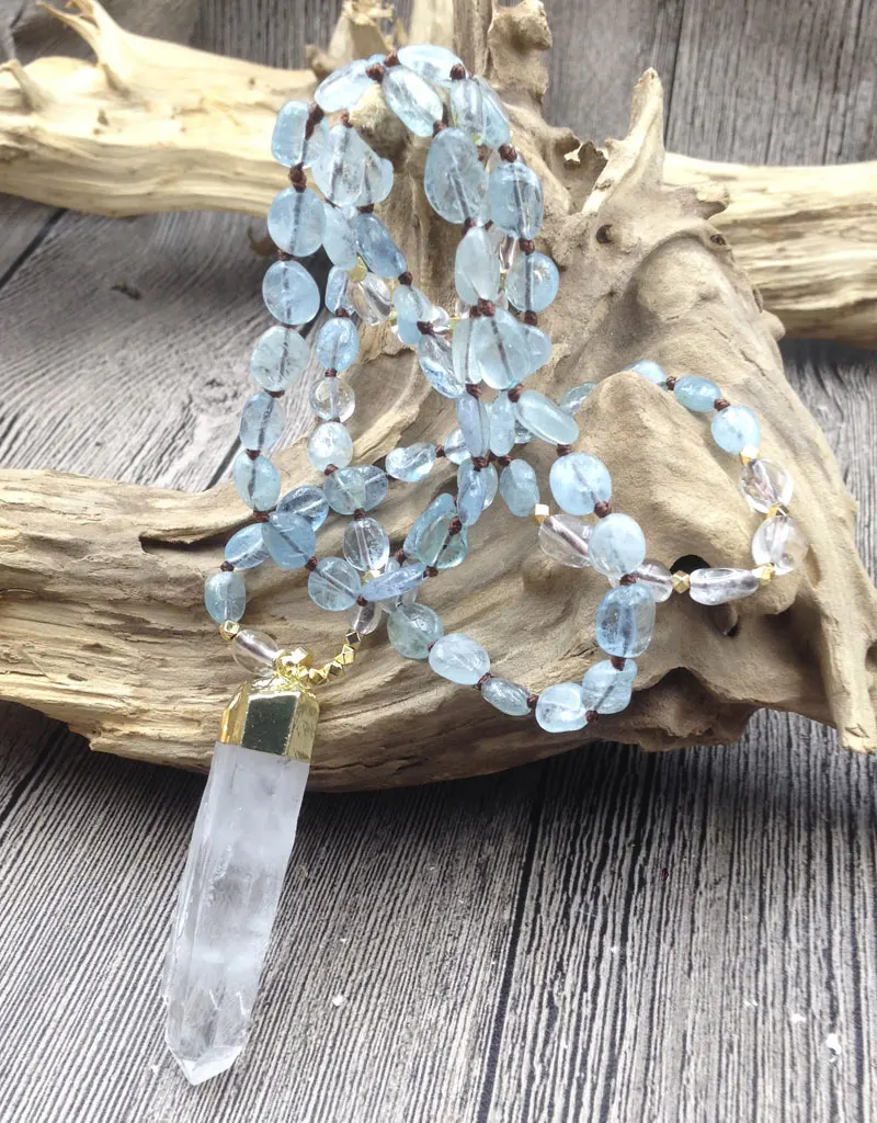 YA2975 кулон из природного кварца Aquamarines каменные самородки Beads Knot ручной работы