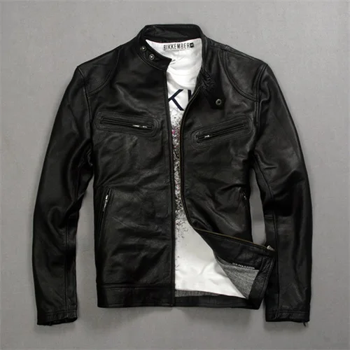 Куртки из натуральной кожи, мужские пальто из натуральной овчины, брендовые черные мужские мотоциклетные кожаные куртки, зимнее пальто для мужчин - Цвет: black