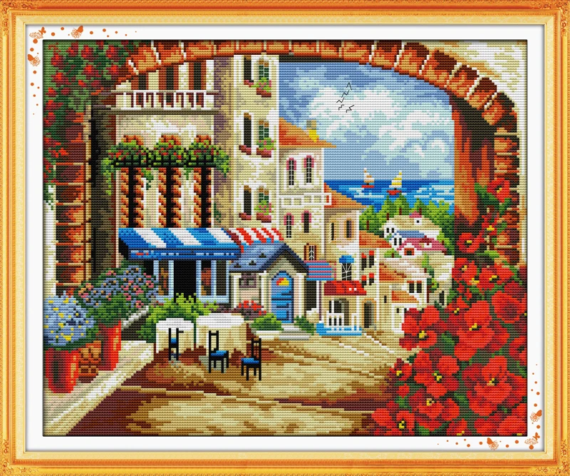 

Mediterranean path Counted Cross Stitch 11CT Printed 14CT Set DIY Chinese Cotton Cross-stitch Kit Embroidery Needlework