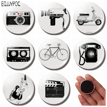 

Retro Black and White Photo Fridge Magnet Set 30MM Glass Camera Guitar Bike Round Magnetic Refrigerator Stickers Home Decor