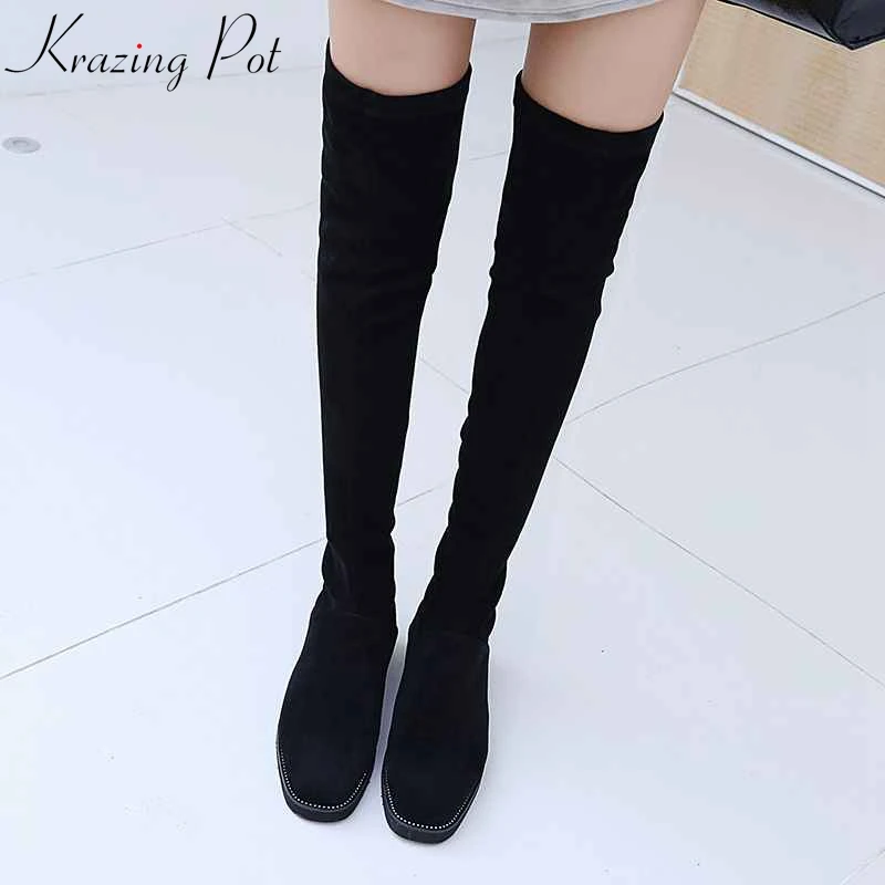 

Krazing Pot flock material fashion thigh high boots diamond-studded med heel oriental streetwear stretch over-the-knee boots L55