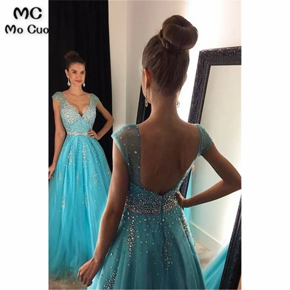 

Luxuries Backless Prom Dresses Long with Crystals Beaded Cap Sleeve V-Neck Floor Length Tulle Puffy Formal Evening Party Dress