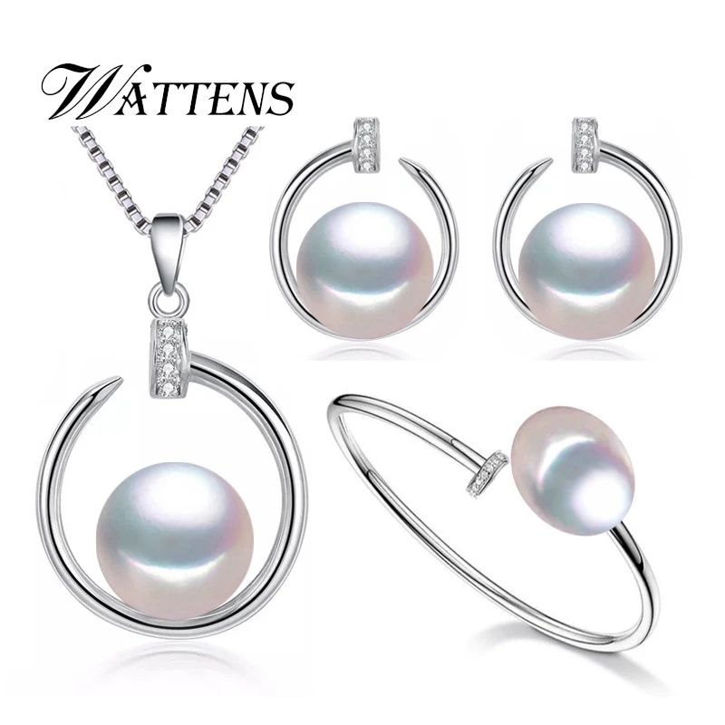 

WATTENS Pearl Jewelry,925 sterling silver Pearl stud Earrings Pendants necklace Ring women Natural Pearl Jewelry Sets love gift