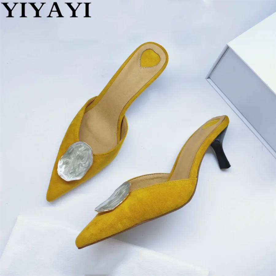 

Sexy Pointed Toe Slippers Women Suede New Love Heart Summer Slippers Runway Buckle Outdoor Slides Women Black High Heel Shoes
