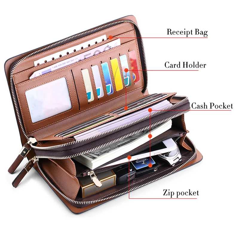 Мужские бумажники из натуральной кожи, длинные бумажники с двойной молнией, деловой клатч, мужская сумочка, кошелек