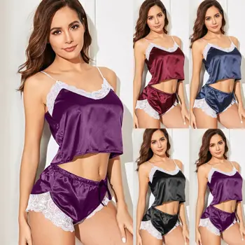 

Women Lace Satin Silk Lingerie Tops Shorts Set Ladies Causal Sleepwear Nightwear Ladies Satin Lace Pajama Sets