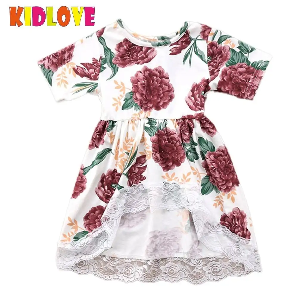 Kidlove для маленьких девочек милые большой платье с цветочным рисунком Модные шею хлопкового кружева подол короткий рукав платье детская