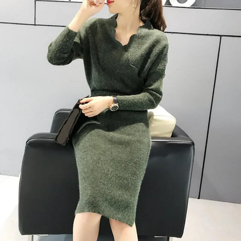 Свитер юбка длинный рукав длинный абзац выше колена Свободная Корейская версия весна осень толстый женский свитер