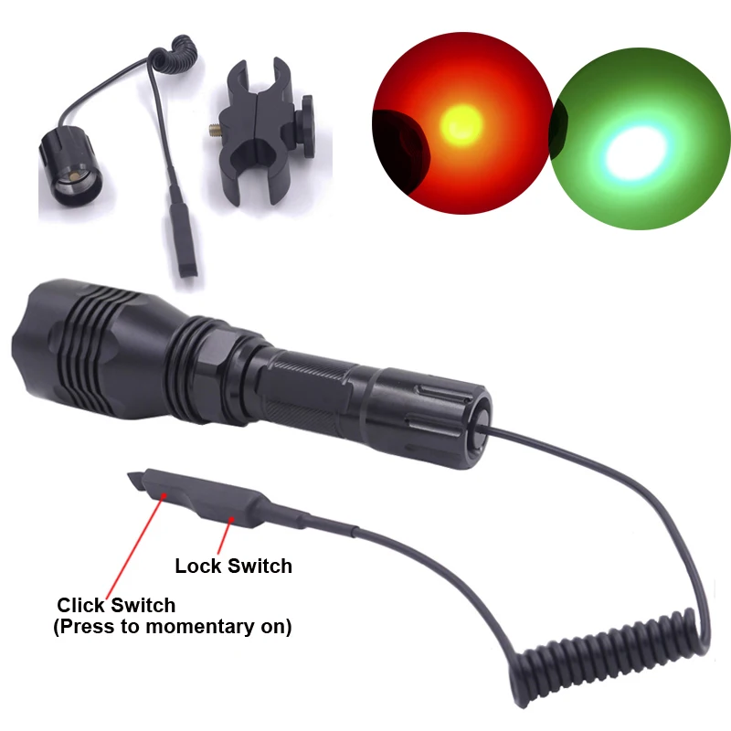 

Hunting LED Flashlight Green Red Light 300 Meters Lighting Distance Torch HS-802+Dual mode Remote Pressure Switch+Gun mount