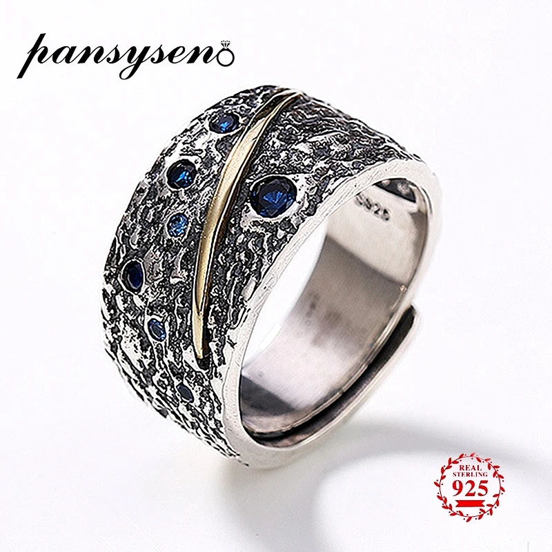 

PANSYSEN Vintage Silver Jewelry Finger Rings For Men 100% Genuine 925 Sterling Silver Blue Gemstone Ring Anniversary Party Gift
