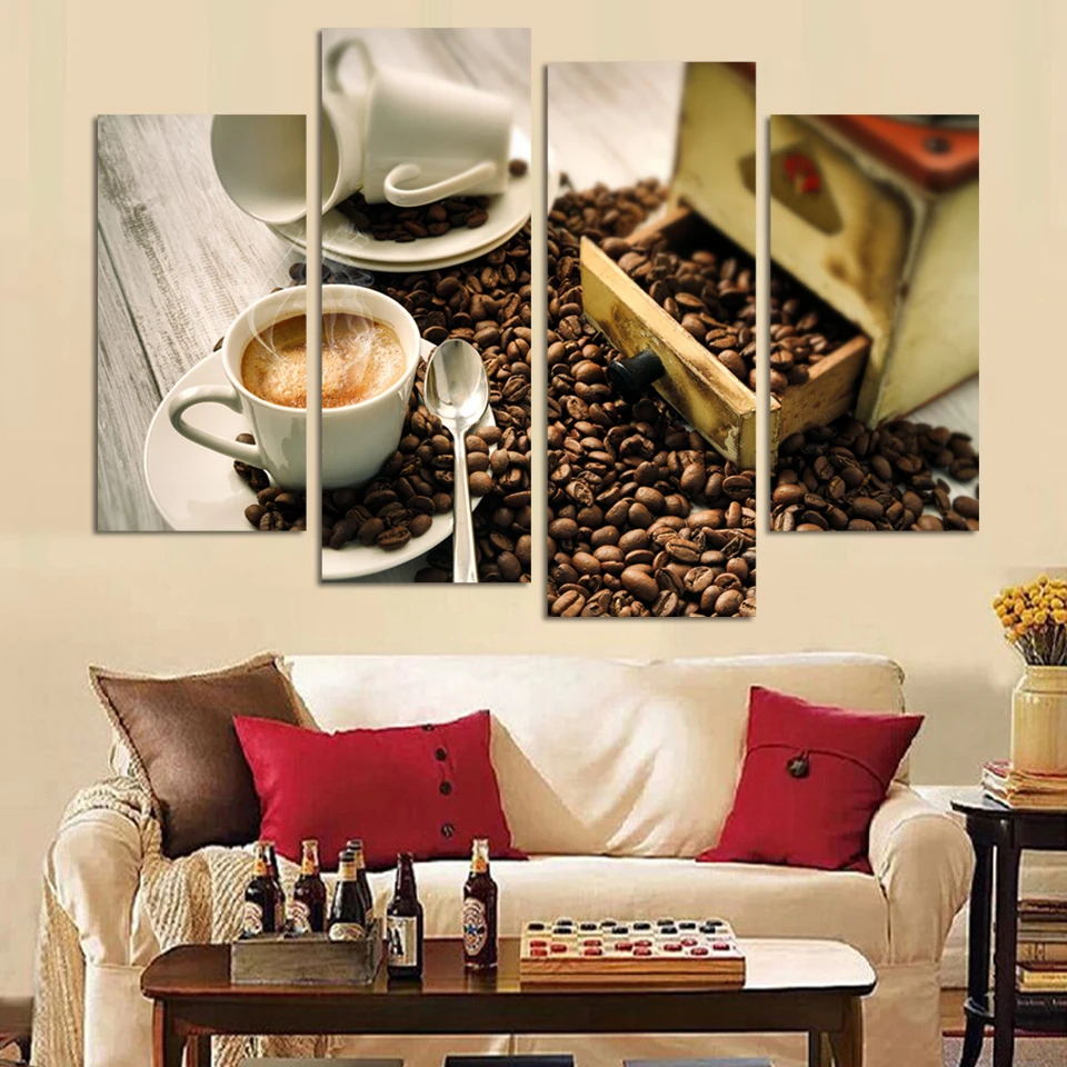 4 Panel Coffee Wall Art Modular Pictures Top rated Modern Painting on
