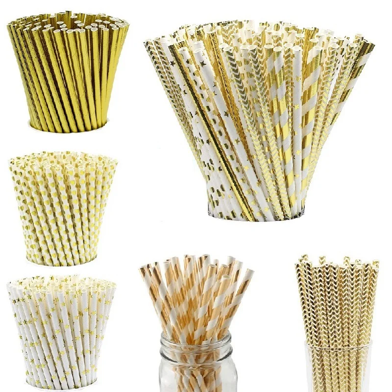 25 Pcs Bronzing Stars Striped Paper Straws Juice Coffee Drinking Straws for Birthday Baby Shower Christmas New Year Party Supply
