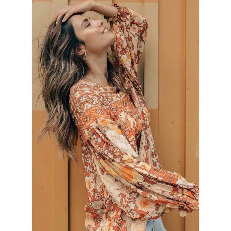 

Long Sleeve Boho Amber Floral Print Blouse Women Chic Blouse Round Neck Casual Summer Top Loose Gypsy Chic Blouses Shirts