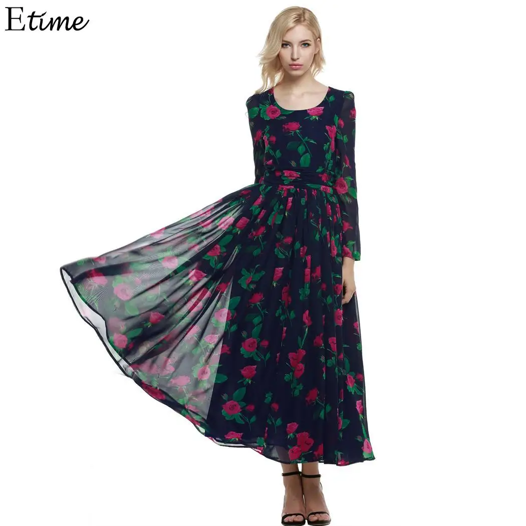 Pleated Long Dress Chiffon Fashion Casual Sleeve Women Maxi Print ...