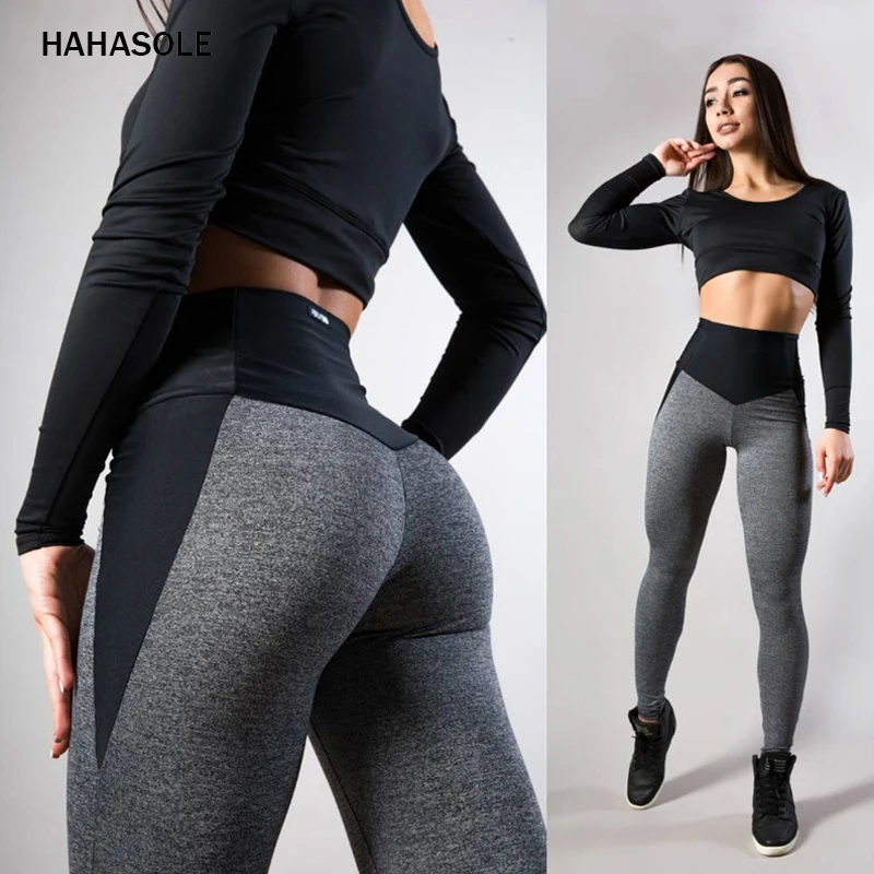 

HAHASOLE Yoga Leggins Sport Women Fitness Yoga Pants Push Up Gym Clothing Gray Black High Waist Leggings Jogging HWA2590-4