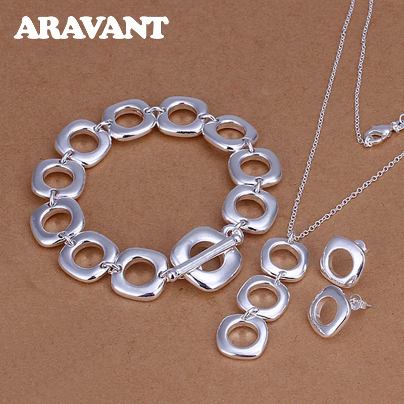 

New Arrival 925 Silver Jewelry Sets Square Necklace Earring Bracelet Jewelry For Women Wedding Love Gifts