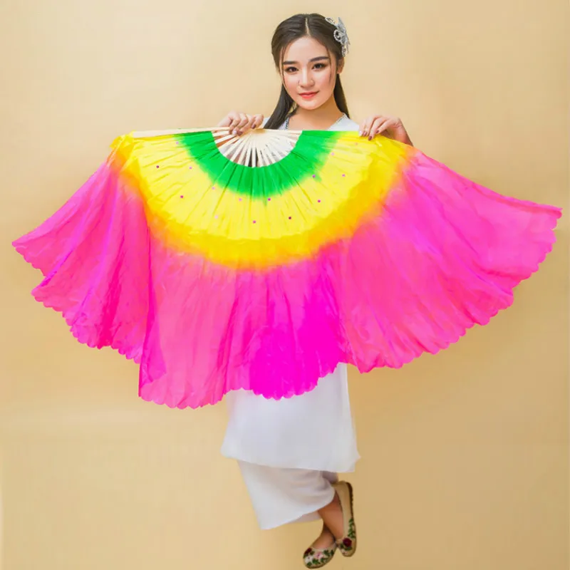 Красочный Взрослый танцевальный веер двухсторонний Шелковый ручной вентилятор с длинным плавающим квадратным реквизиты для танцев abanicos para boda