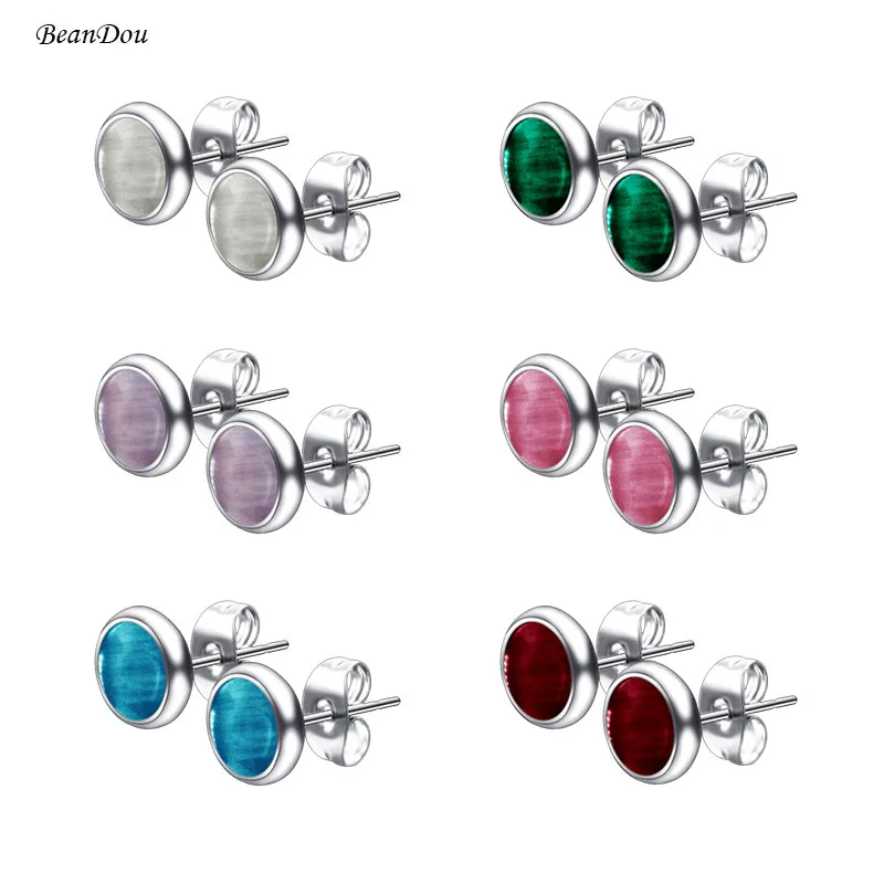 

1Pair Fashion Round Studs Earrings Small Ear Studs Opal Stone Stainless Steel 6 Colors Button Earrings Cheap Jewelry Men Women