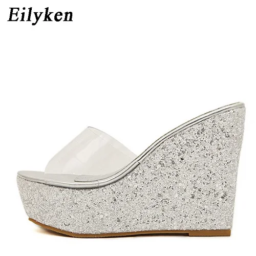 Eilyken/ г. Новые прозрачные белые, Серебряное Золотое розовое женские тапочки на платформе, с открытым носком, тапочка на платформе - Цвет: Silver