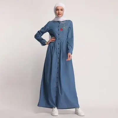 Кафтан деним abaya Дубай ислам Турция мусульманский хиджаб платье Абая для женщин Кафтан халат турецкий ислам ic одежда jilбаб Рамадан - Цвет: Синий