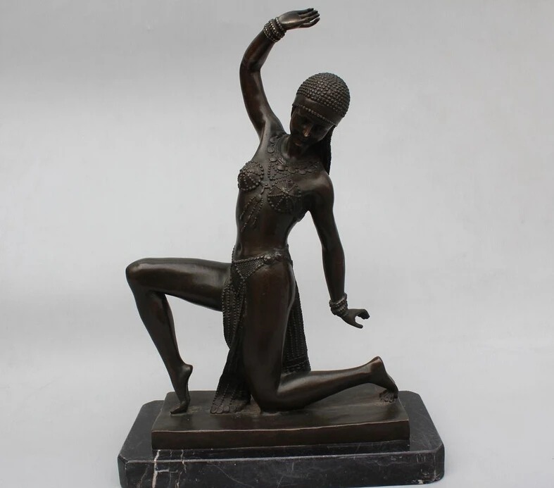 

12"Western Pure Bronze muse belle on wolf Art sculpture on base Dancing girl Mar
